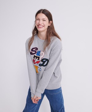 Superdry Brand Language Crew Női Pulóver Szürke | OECUR0514